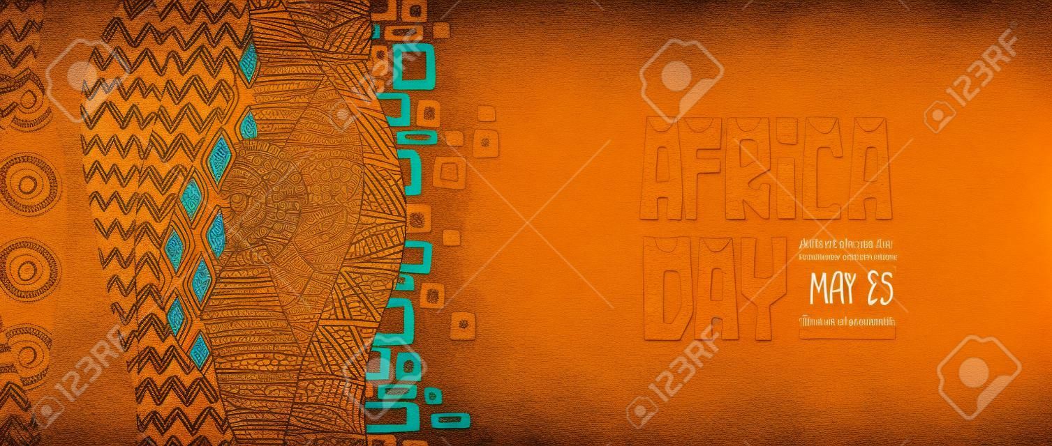 Africa Day banner illustration of colorful hand drawn tribal art. Traditional african culture decoration with festive national freedom text quote for may 25.