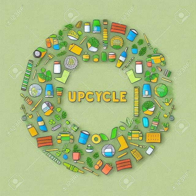 Upcycling illustration of geometric flat cartoon icon decoration. DIY upcycle concept design includes reused plant pot, green planet and bottle toy.