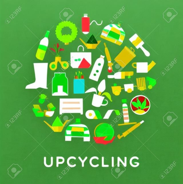 Upcycling-Illustration der geometrischen flachen Cartoon-Symboldekoration. Das DIY-Upcycle-Konzeptdesign umfasst einen wiederverwendeten Blumentopf, einen grünen Planeten und ein Flaschenspielzeug.