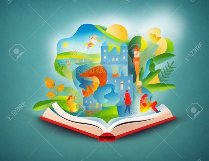 Open book story concept of creative literature imagination with people and fairy tale landscape. Includes romance novel character, nature education, science genres illustration on isolated background.