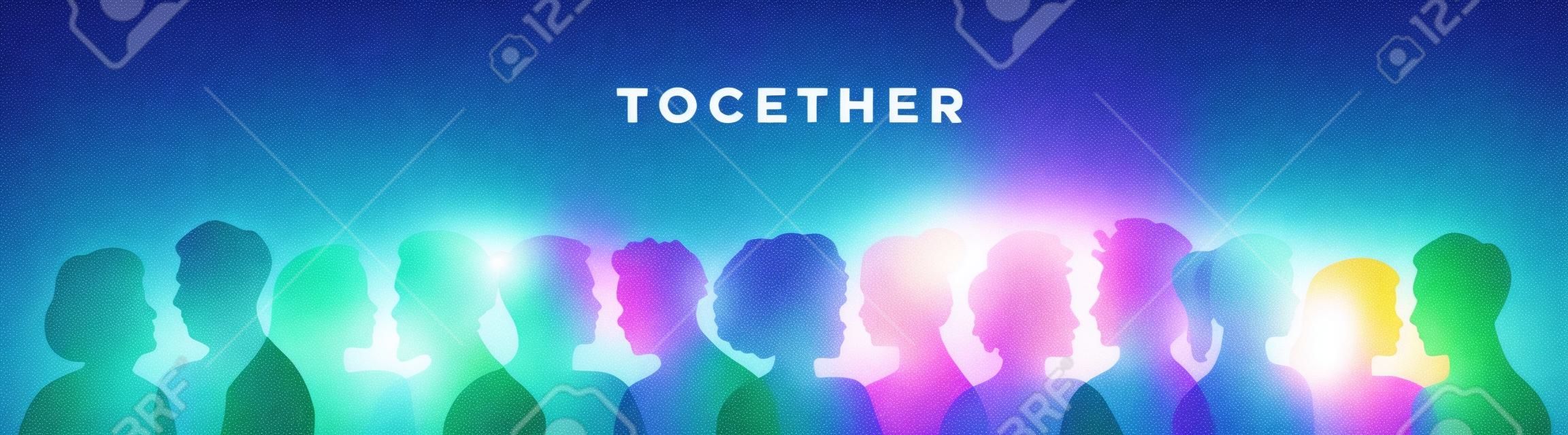 Together colorful quote illustration with diverse silhouette people faces in transparent color design. Ethnic character team flat cartoon for unity or community help concept social media banner.