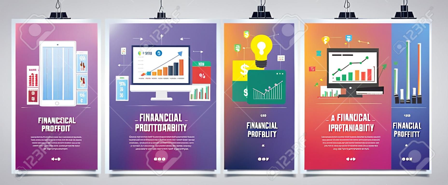 Web banners concept in vector with financial profitability, financial application, expertise investment and stock market investor. Internet website banner concept with icon set. Flat design vector illustration.