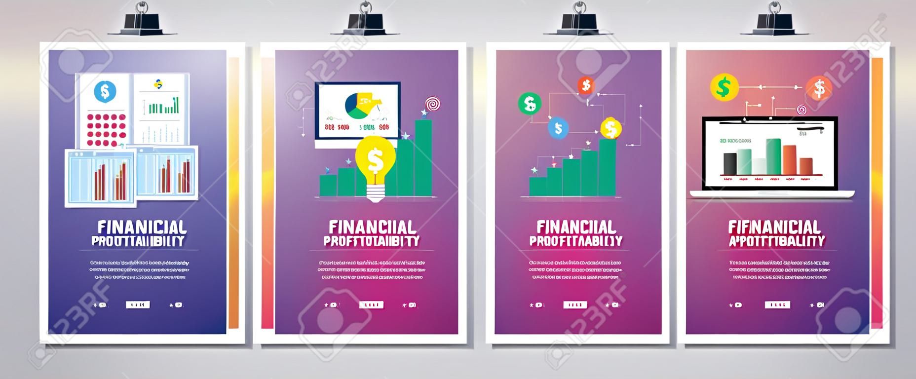 Web banners concept in vector with financial profitability, financial application, expertise investment and stock market investor. Internet website banner concept with icon set. Flat design vector illustration.
