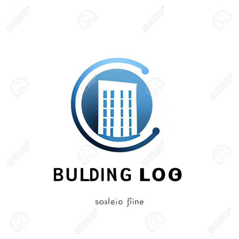 Progettazione del modello di logo dell'edificio. Logo edificio con cornice moderna isolata su sfondo bianco