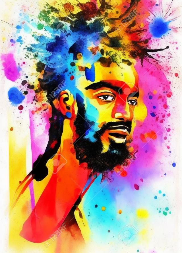 Watercolor handsome african man. Painting fashion illustration. Hand drawn portrait of young guy, rastaman with splashes