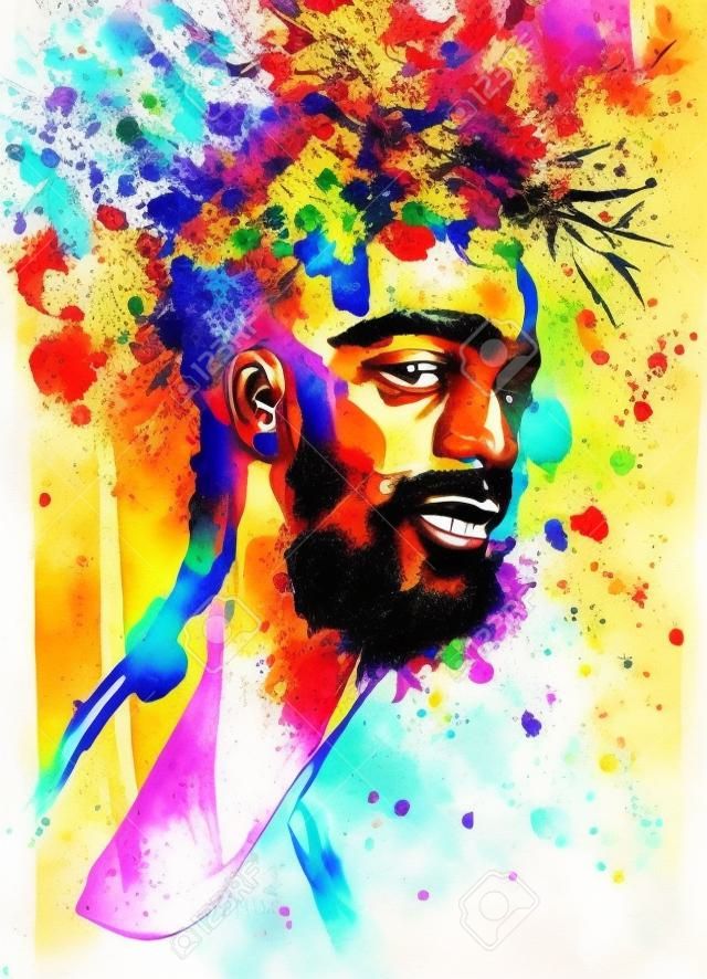 Watercolor handsome african man. Painting fashion illustration. Hand drawn portrait of young guy, rastaman with splashes