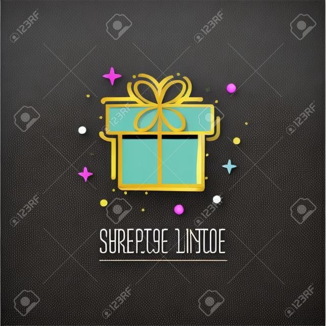 Vector styl linii logo pudełko z kokardką. Cute ilustracji obecnych pudełko, pozdrowienia, zaskoczenia. Skrzynka z życzeniami lub pudełko owinąć prezent.