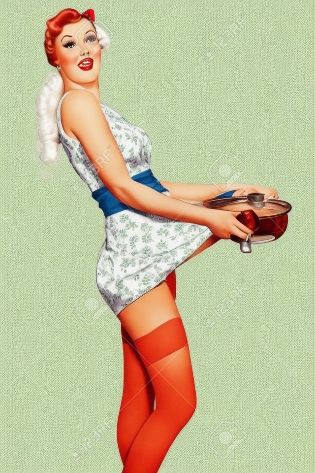 Excited beautiful woman holding hot casserole in hands. Pin up and retro style.
