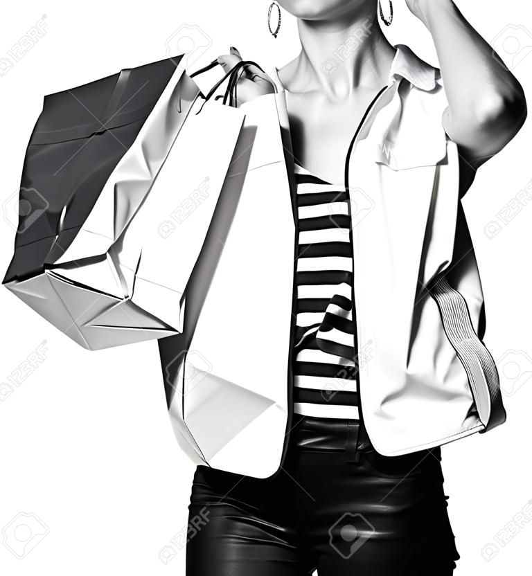 Einkaufen. Der französische Weg. Nahaufnahme auf nachdenklicher junger Frau mit französischer Flagge färbt Einkaufstaschen auf weißem Hintergrund