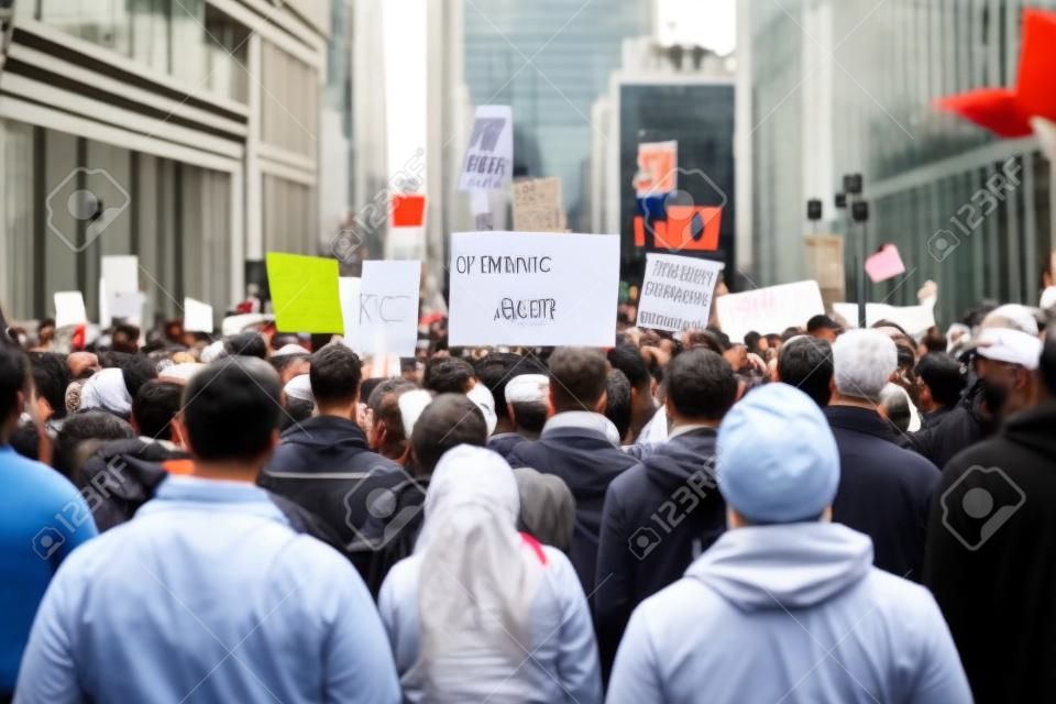 Group of people protesting and holding abstract signs, giving slogans in a rally. Group of demonstrators protesting in the city. Generative Ai.