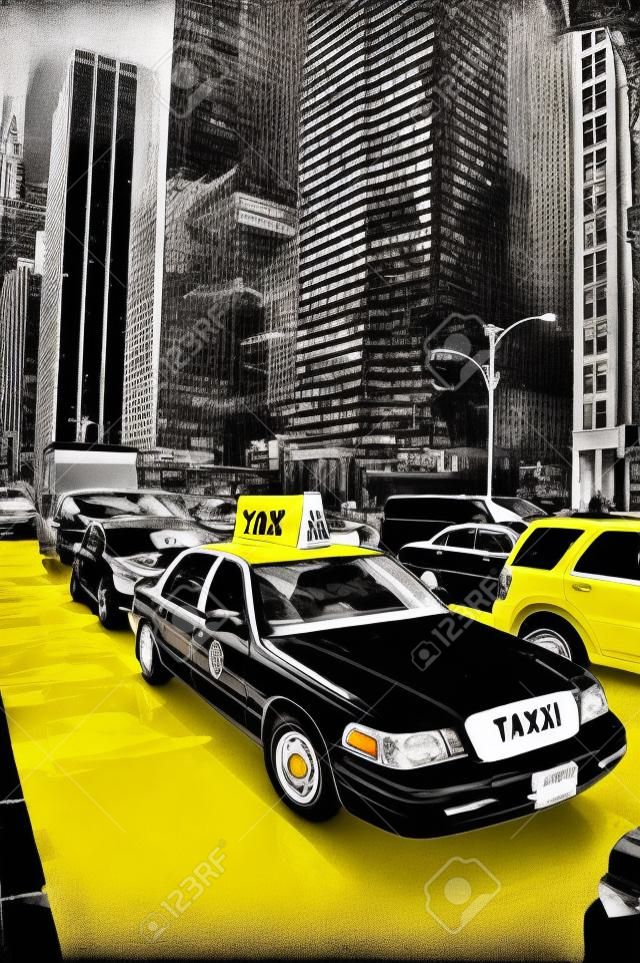 Taxi amarillo en el blanco y negro de Nueva York