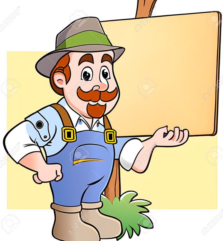 Agricoltore di cartone animato che detiene la tavola di legno - illustrazione vettoriale.