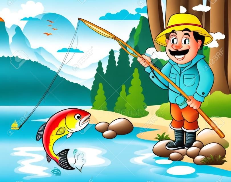 Lake with cartoon fisherman illustration.