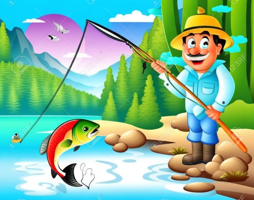 Lake with cartoon fisherman illustration.