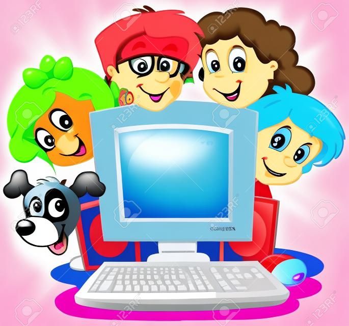 計算機與卡通的孩子和狗