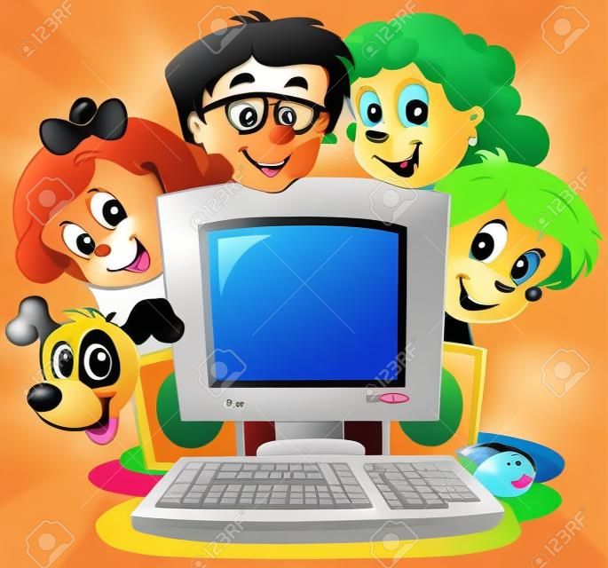 Computer with cartoon kids and dog 