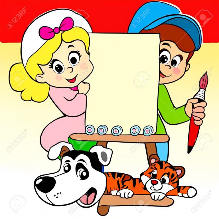 Niños de dibujos animados con lienzo de pintura - ilustración vectorial.