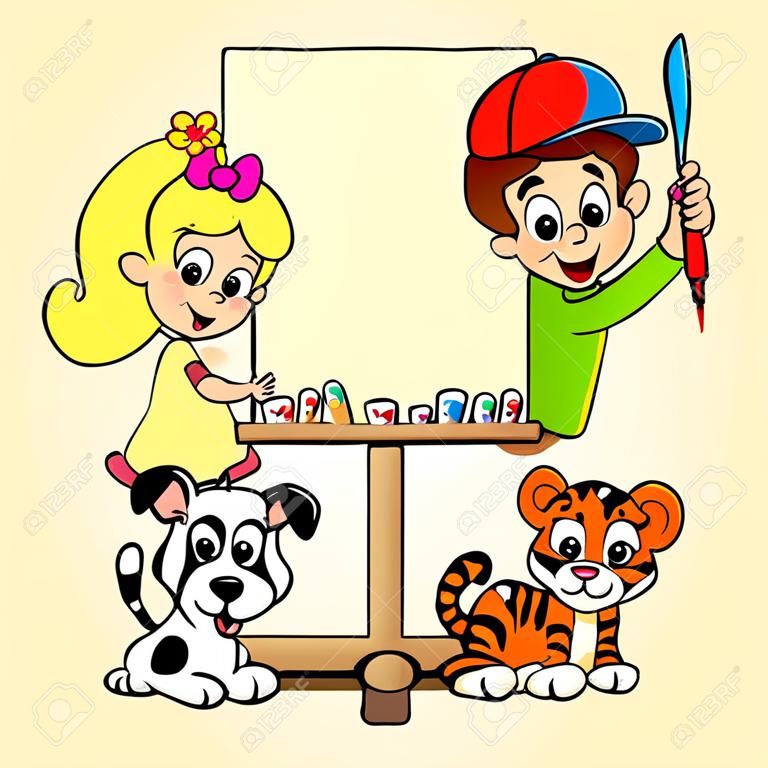 Cartoon kids with painting canvas - vector illustration.