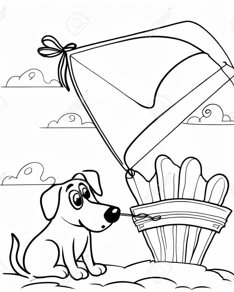Coloring book with dog and kite illustration.