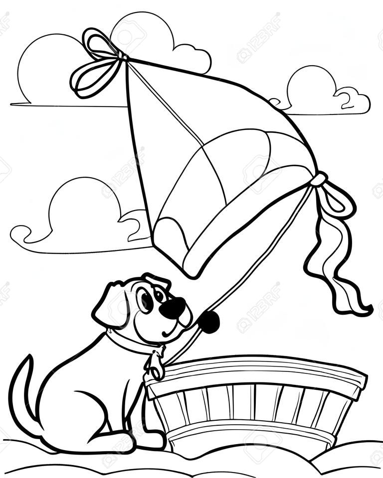 Coloring book with dog and kite illustration.