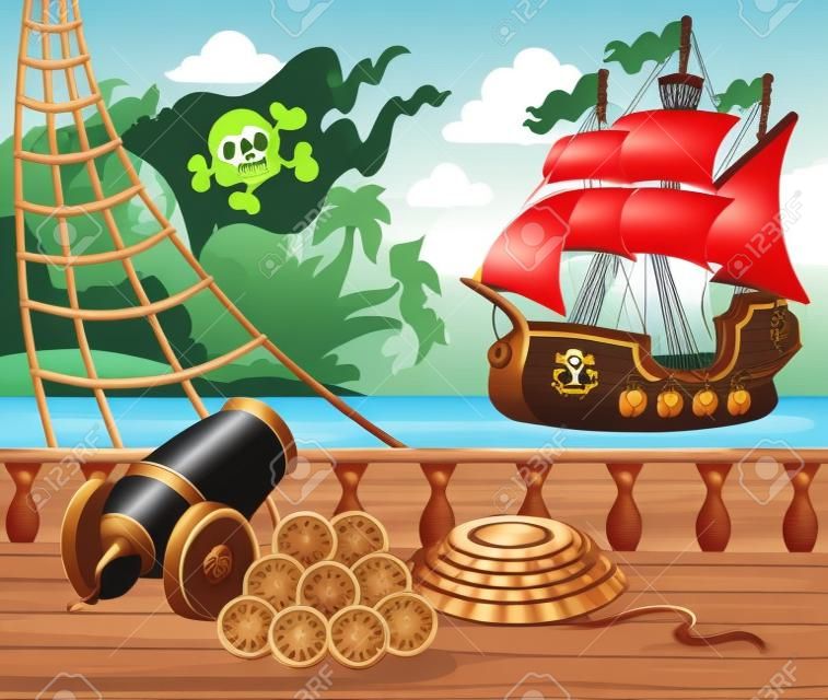 Пиратский корабль палубе Тема 4 - векторные иллюстрации