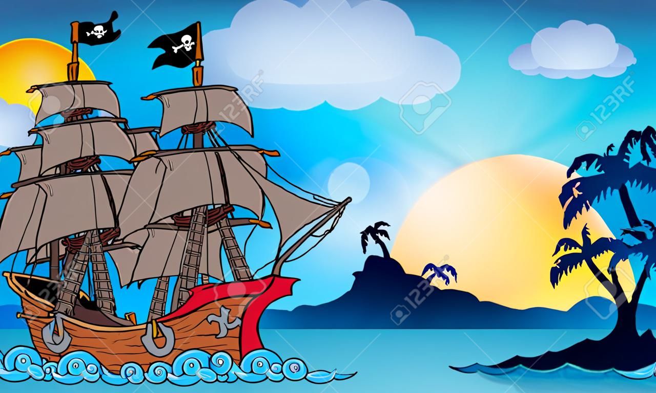 Piratenschiff in der Nähe von kleinen Insel