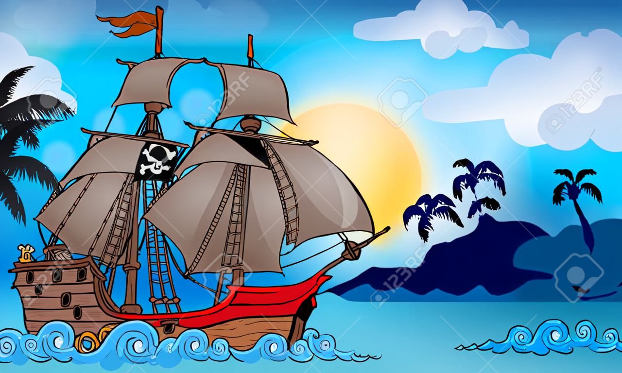 Navio pirata perto de uma pequena ilha