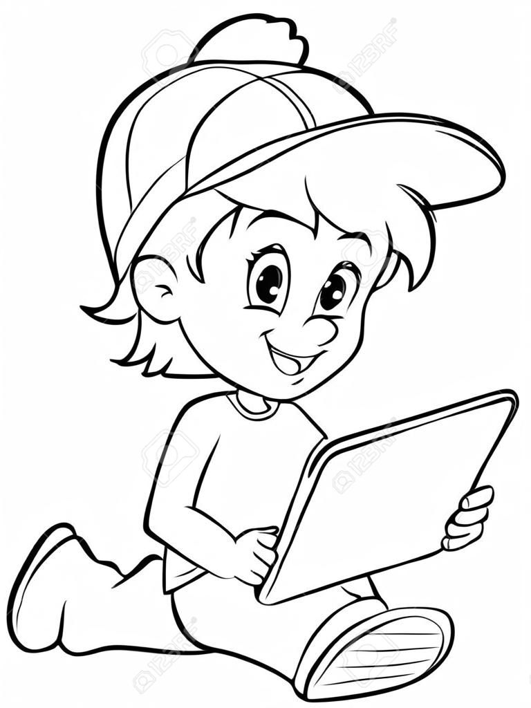 Coloring book boy playing with tablet -  vector illustration.