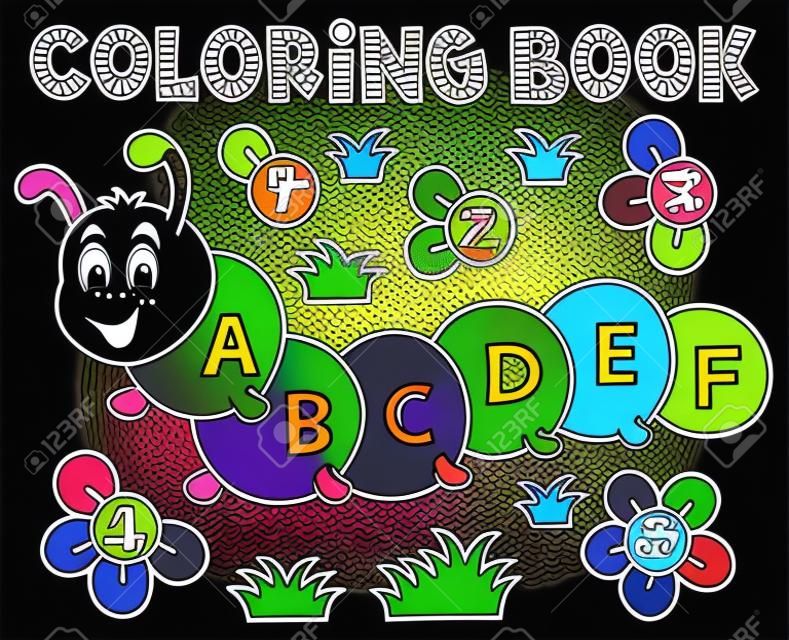 Coloriage livre chenille avec des lettres - illustration vectorielle.