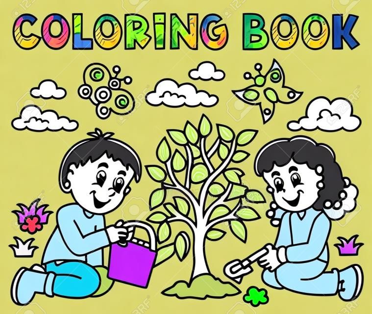 색칠하기 책 아이 나무 벡터 일러스트 레이 션을 심기.
