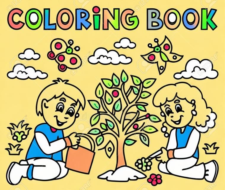 Книжка-раскраска дети сажают дерево векторные иллюстрации.