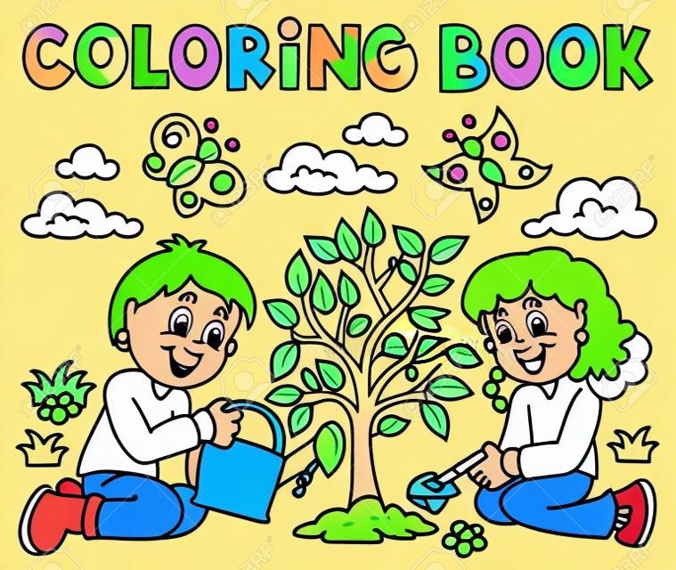 Bambini del libro da colorare che piantano l'illustrazione di vettore dell'albero.