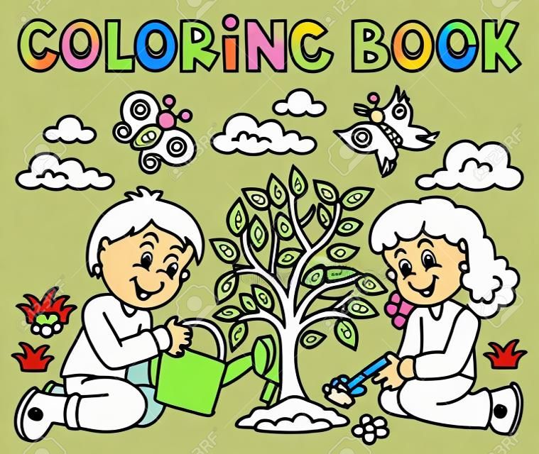 Книжка-раскраска дети сажают дерево векторные иллюстрации.