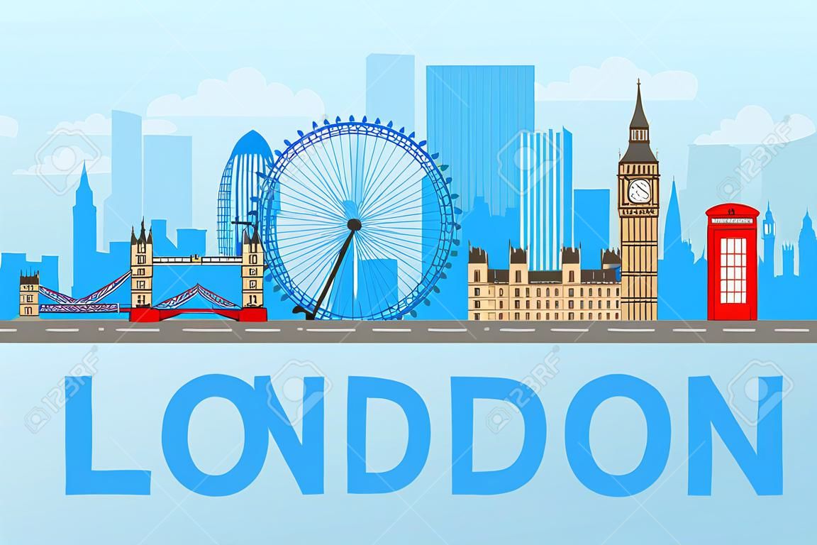 London cityscape flat vector color illustration isolated on blue background