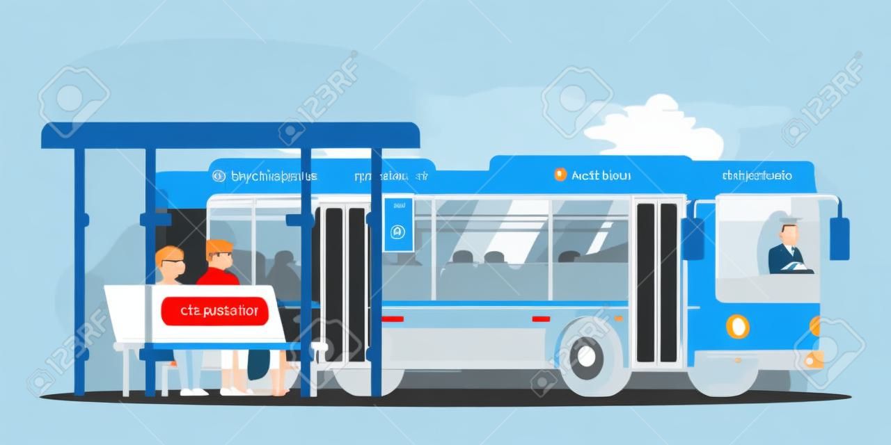 Vector character illustration of people on bus station. Man and woman sitting at stop and waiting for public transport. Driver and passengers, city blue big bus. Citizen, urban infrastructure concept