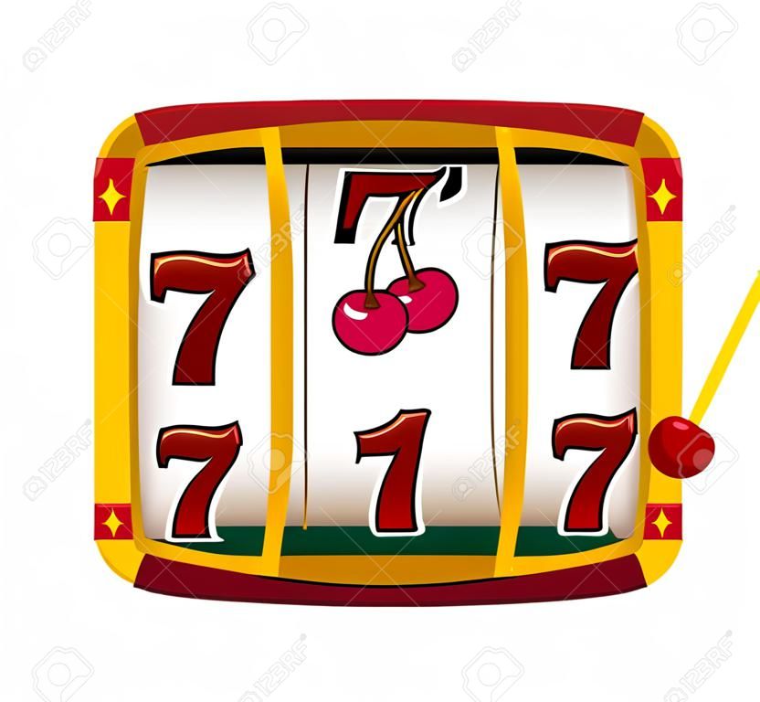 Casino jackpot slot machine isolated on white background. One arm gambling device with seven, cherry, bell on line. Luck game and success, chance and gamble. Lottery lucky fortune. Vector illustration