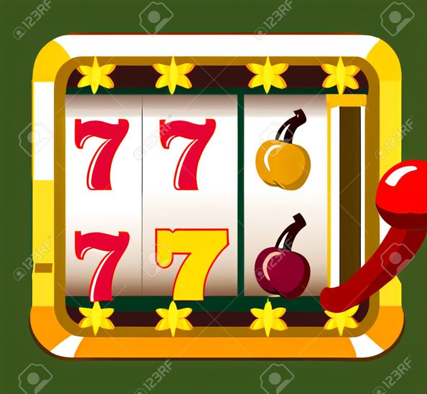 Casino jackpot slot machine isolated on white background. One arm gambling device with seven, cherry, bell on line. Luck game and success, chance and gamble. Lottery lucky fortune. Vector illustration