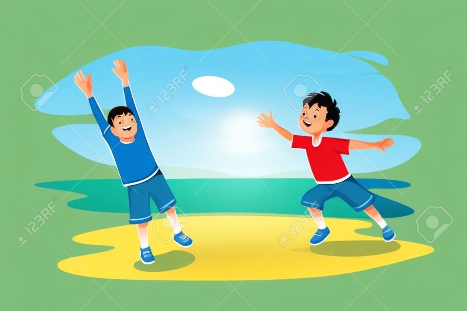 Wektor znaków ilustracja dzieci bawiące się zabawkami. uśmiechnięty chłopiec rzuca latający dysk, a jego przyjaciel lub brat skacze, żeby go złapać. relaks na świeżym powietrzu, zajęcia dla dzieci, koncepcja wypoczynku i dzieciństwa