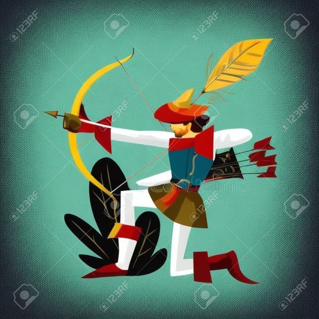Medieval archer with bow and arrow. Warrior in costume with weapon in Middle Ages period vector illustration. Chivalrous brave man shooting outdoor isolated on white background