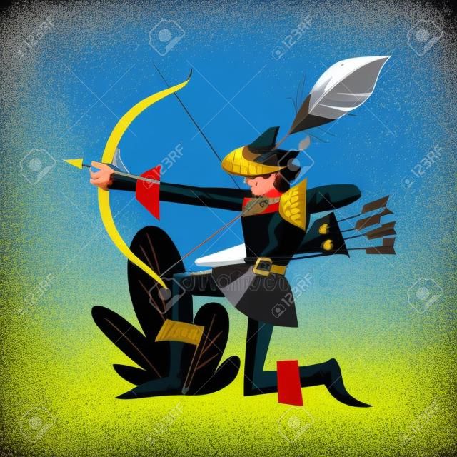 Mittelalterlicher Bogenschütze mit Pfeil und Bogen. Krieger im Kostüm mit Waffe in der Vektorillustration des Mittelalters. Ritterlicher mutiger Mann, der im Freien isoliert auf weißem Hintergrund schießt