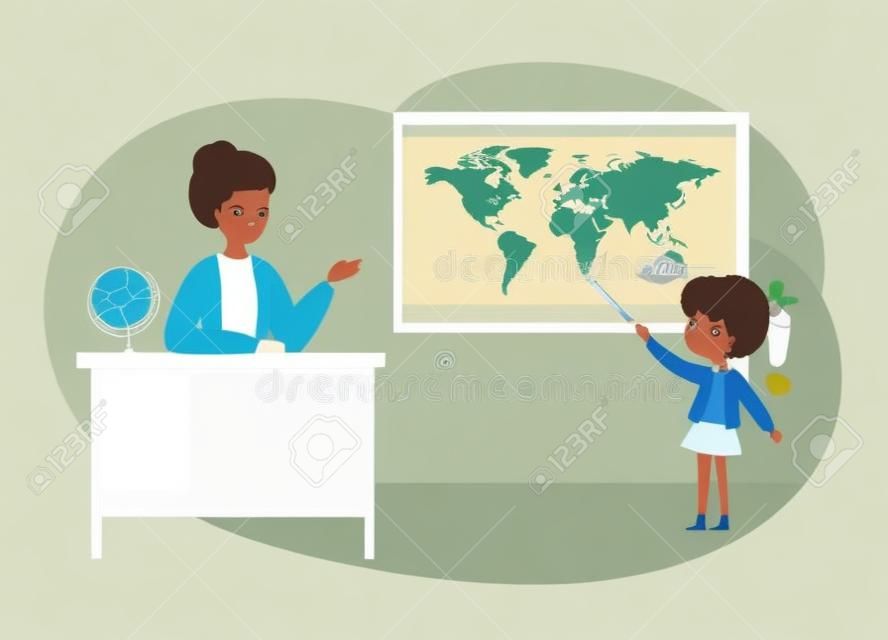 Woman teaching geography lesson in class, girl answering. Teacher in education vector illustration. Young woman sitting at desk, student pointing at map with countries and oceans