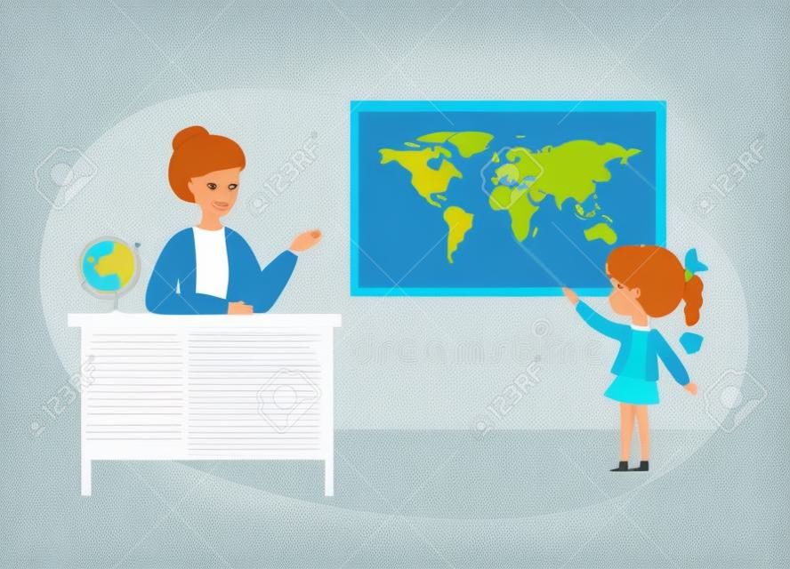 Woman teaching geography lesson in class, girl answering. Teacher in education vector illustration. Young woman sitting at desk, student pointing at map with countries and oceans