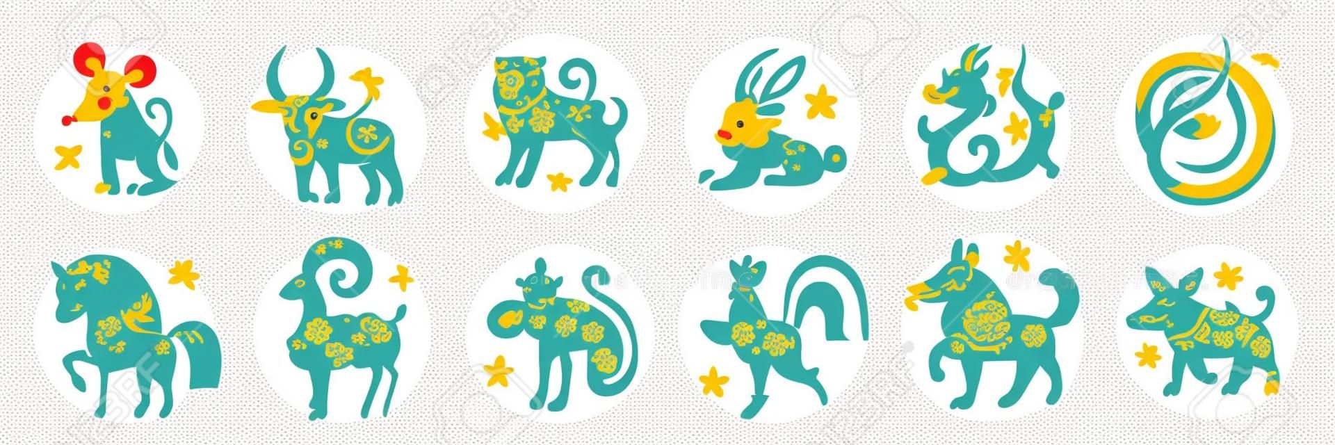 Schattige Chinese horoscoop dierenriem set. Verzameling van dieren symbolen van het jaar. China Nieuwjaar mascottes geïsoleerd op witte achtergrond. Vector illustratie van kalender astrologische tekens op cirkel stempels
