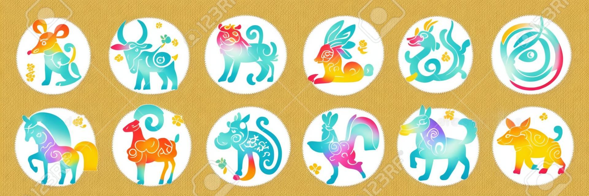 Schattige Chinese horoscoop dierenriem set. Verzameling van dieren symbolen van het jaar. China Nieuwjaar mascottes geïsoleerd op witte achtergrond. Vector illustratie van kalender astrologische tekens op cirkel stempels