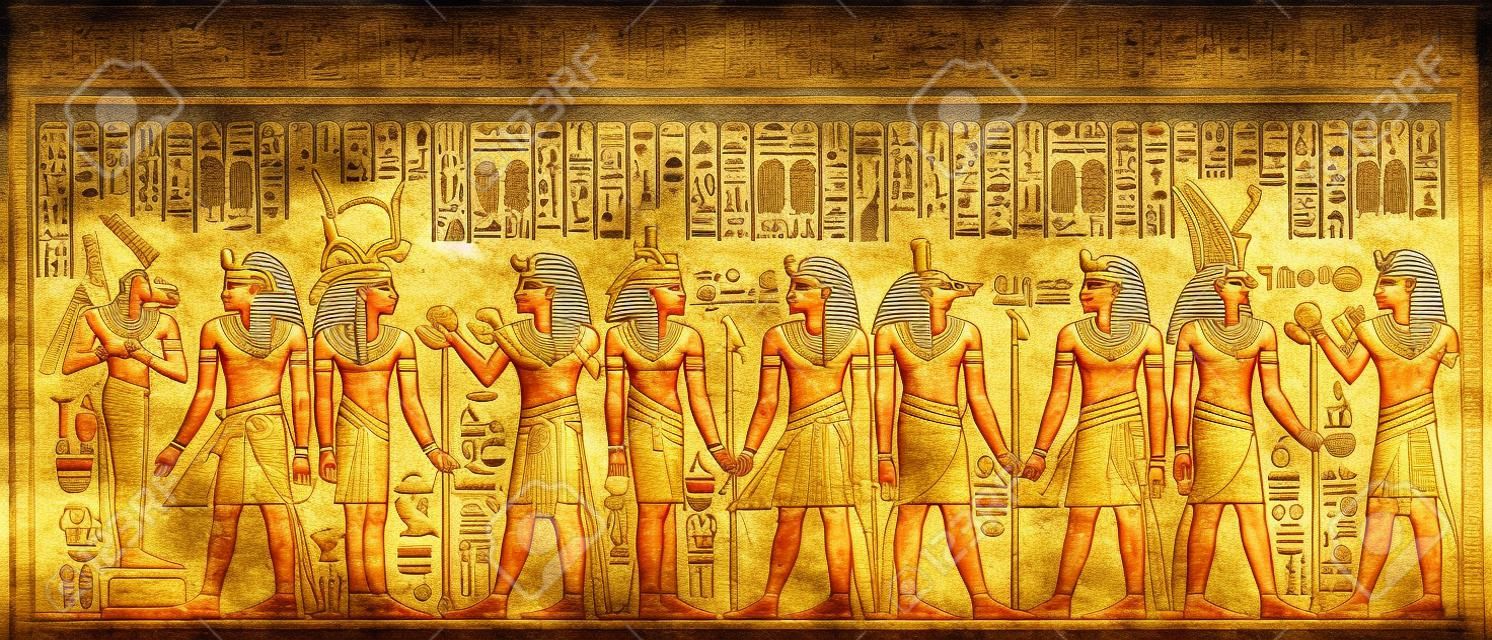 Papiro egiziano con elementi di faraone e divinità. Scena e mitologia dell'antico Egitto.