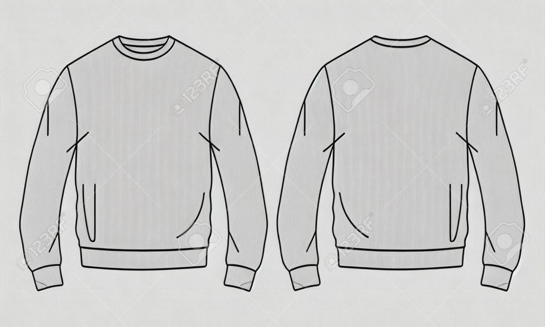 Girocollo manica lunga Felpa moda generale Flat Sketch disegno tecnico modello vettoriale Per uomo. Disegno dell'abito di abbigliamento Illustrazione CAD simulata. Design alla moda maglione.