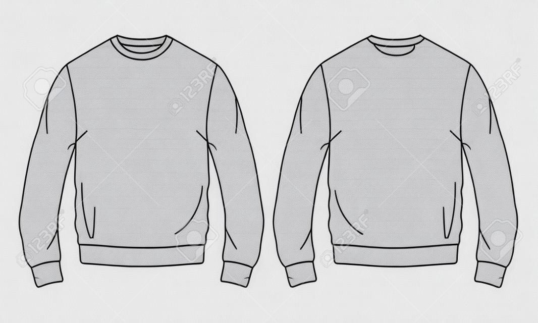 Rundhals-Langarm-Sweatshirt insgesamt Mode Flache Skizze technische Zeichnung Vektorvorlage für Herren. Kleidungskleid-Design Mock-up-CAD-Illustration. Pullover Modedesign.