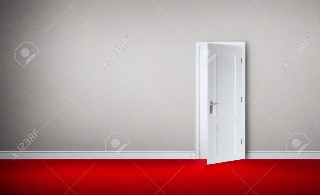 Open white door in a empty red room