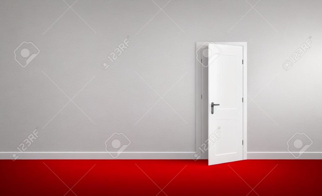 Puerta abierta de blanco en una habitación vacía de roja