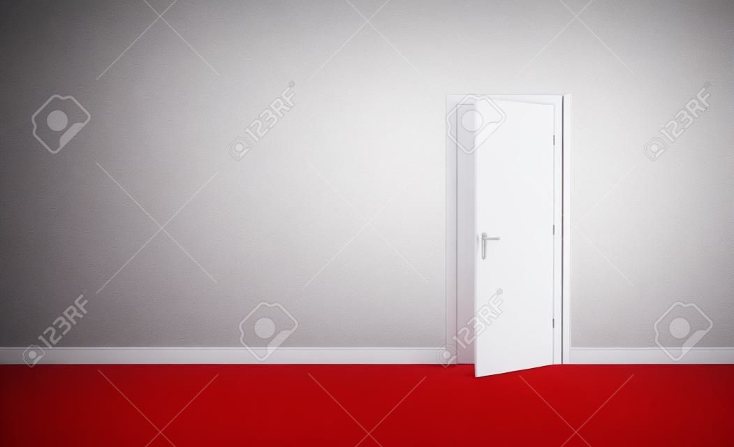Porta bianca aperta in una stanza vuota rossa